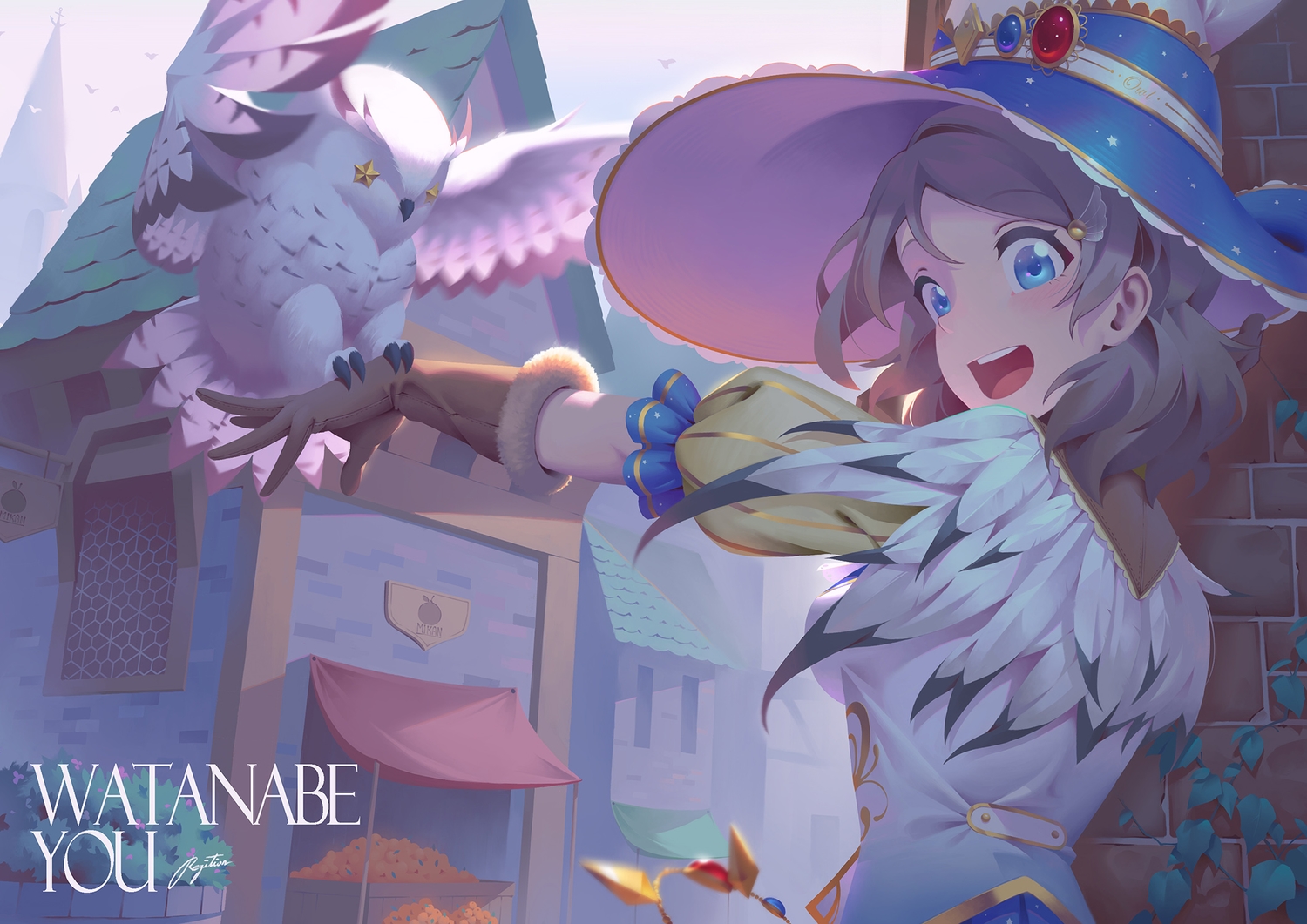 animal, aqua_eyes, bird, brown_hair, gloves, hat, jpeg_artifacts, love_live!_school_idol_project