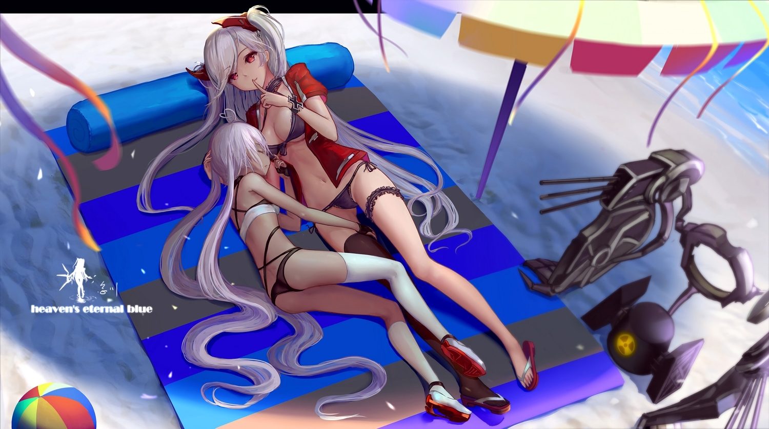 2girls, anthropomorphism, ass, azur_lane, ball, bikini, breasts, gray_hair