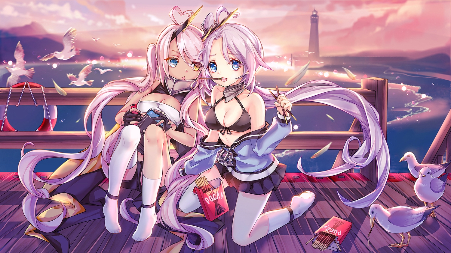 2girls, 8rats, animal, anthropomorphism, azur_lane, beach, bicolored_eyes, bikini_top