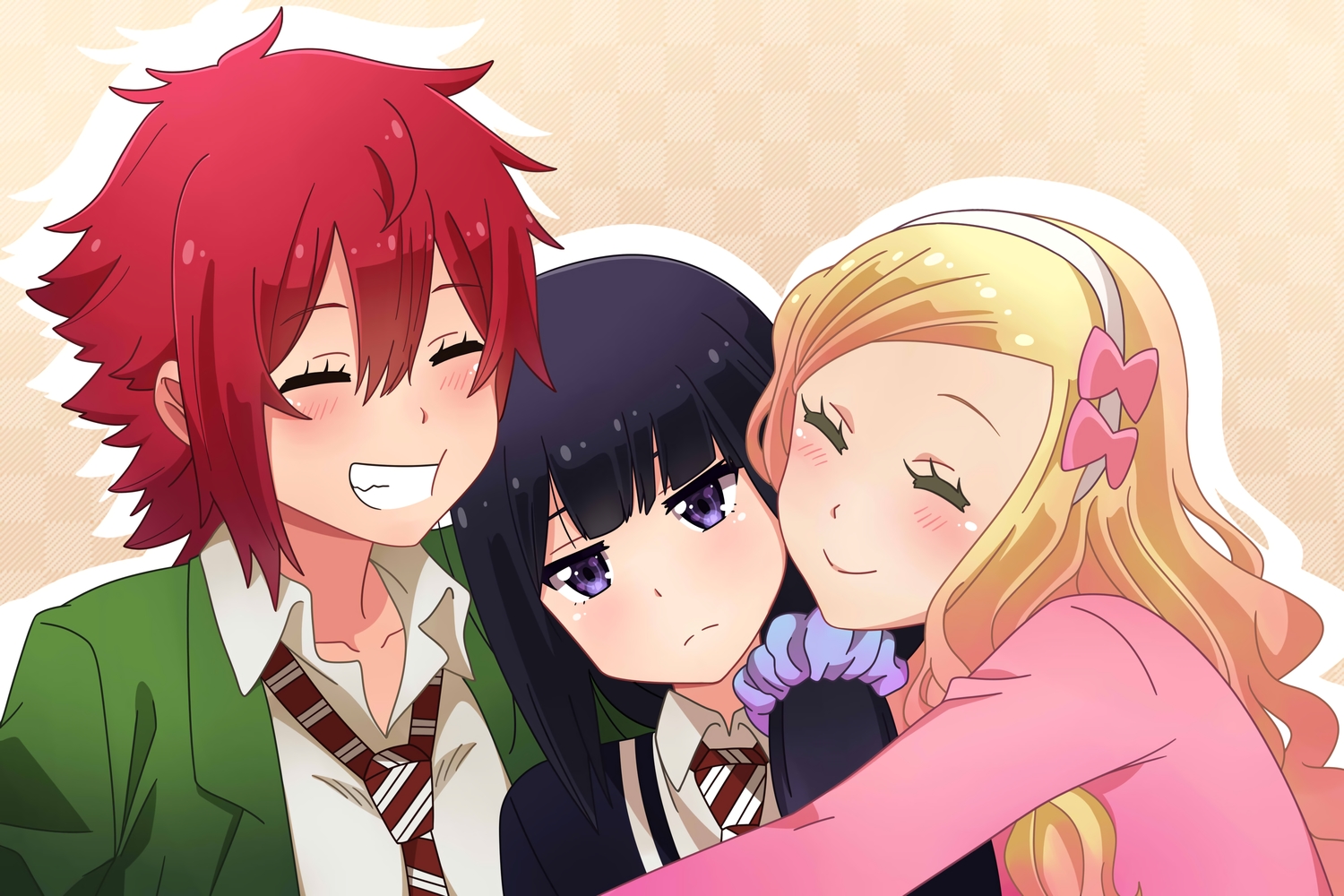 aizawa_tomo, black_hair, blonde_hair, blush, bow, carol_olston, cent-001, gundou_misuzu, headband, hug, long_hair, purple_eyes, red_hair, school_uniform, short_hair, tie, tomo-chan_wa_onna_no_ko
