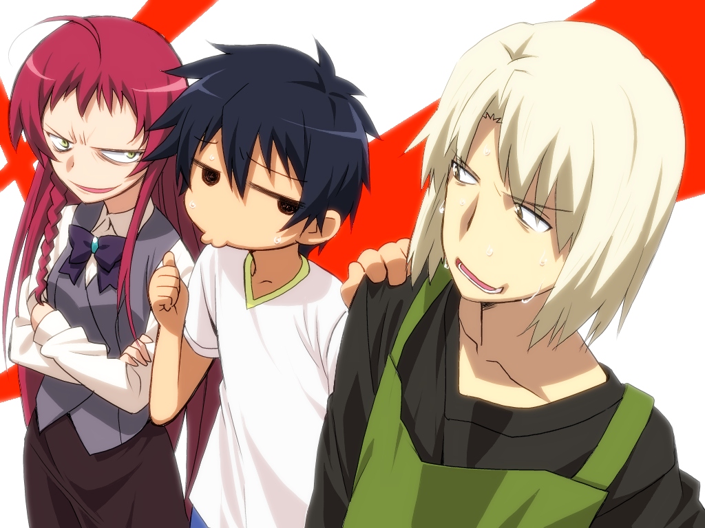 aliasing, apron, ashiya_shirou, black_hair, blonde_hair, bow, braids, green_eyes
