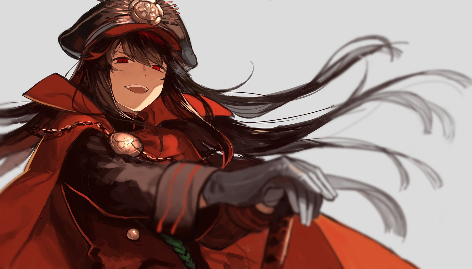 black_hair, bunko_(fumimatsu), cape, chain, fate/grand_order, fate_(series), gloves, hat, long_hair, nobunaga_oda_(fate), red_eyes