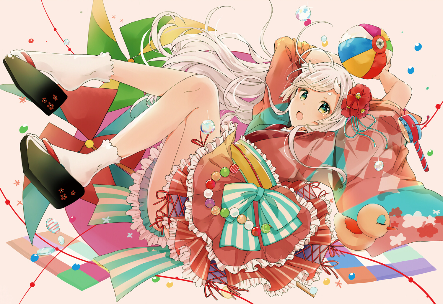 ball, bow, bubbles, gray_hair, green_eyes, japanese_clothes, kanjyu0919, long_hair, original, socks