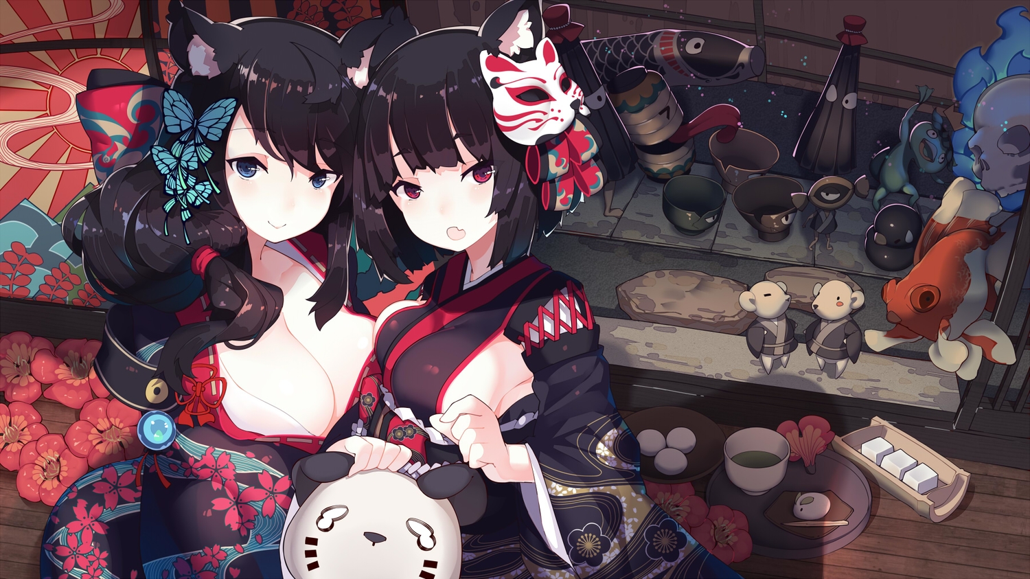 2girls, animal, animal_ears, anthropomorphism, azur_lane, bear, blue_eyes, breasts, drink, fish, flowers, fusou_(azur_lane), japanese_clothes, long_hair, mask, panda, rain_lan, red_eyes, short_hair, skull, yamashiro_(azur_lane), yukata