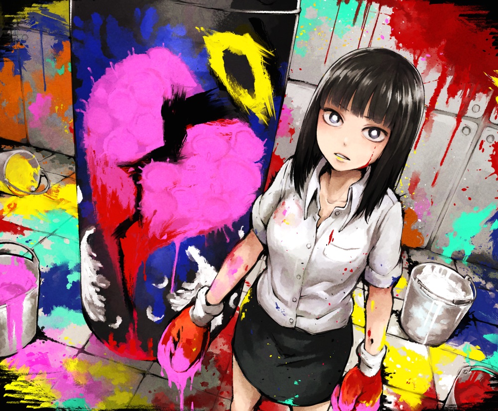 black_eyes, black_hair, gloves, original, short_hair, skirt, yajirushi_(chanoma)