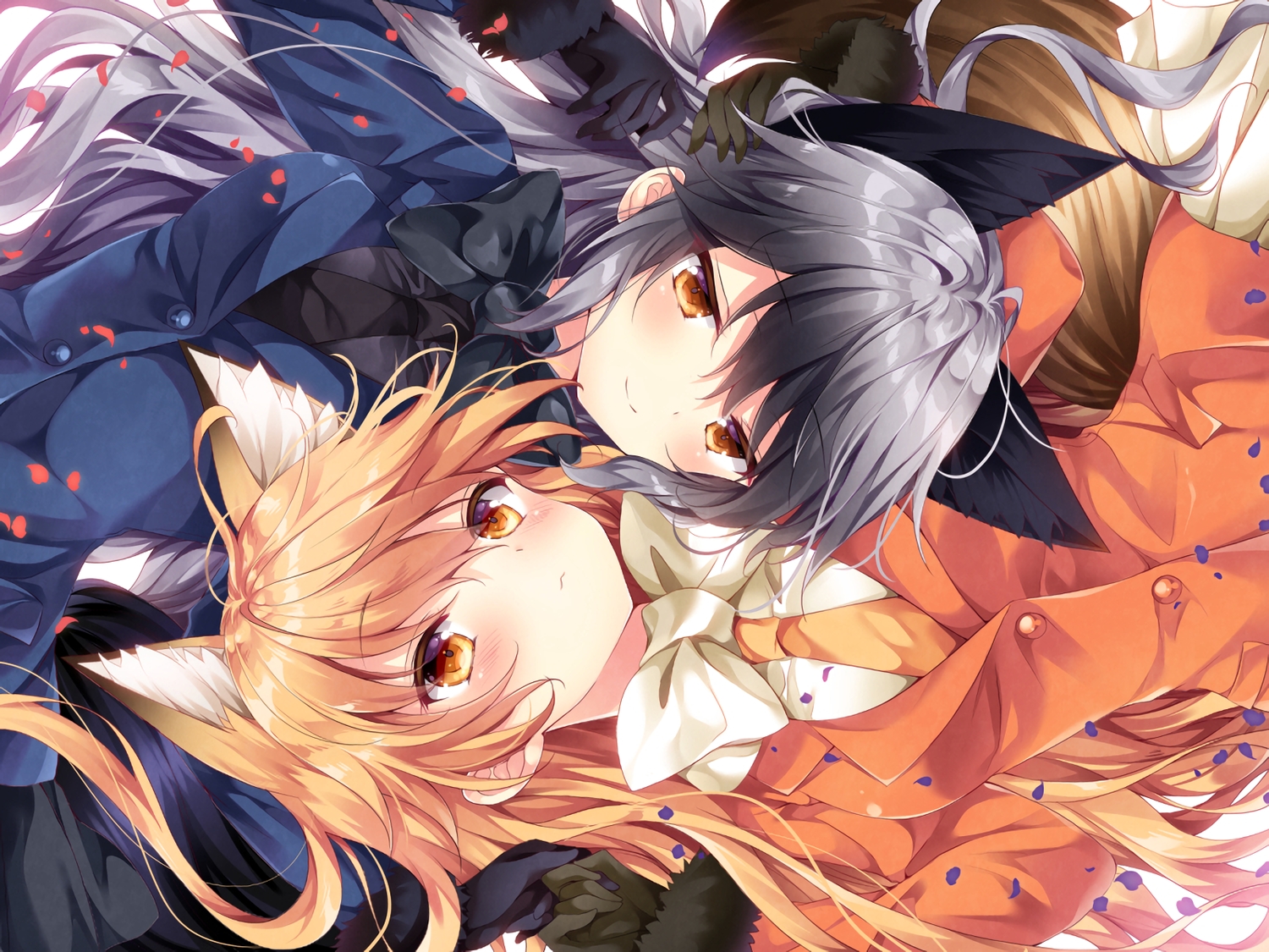 2girls, animal_ears, anthropomorphism, blonde_hair, blush, bow, foxgirl, gloves
