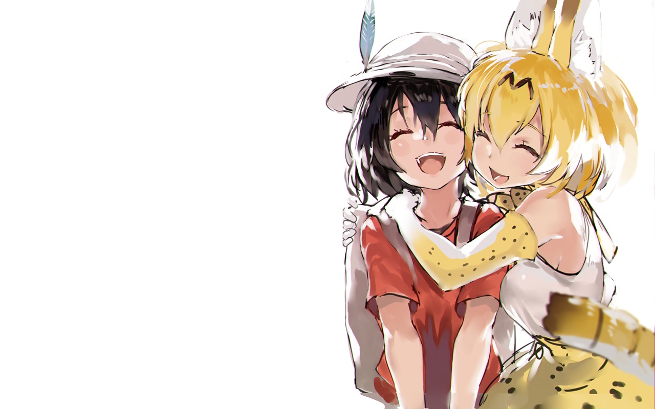 2girls, animal_ears, anthropomorphism, black_hair, blonde_hair, catgirl, elbow_gloves, feathers