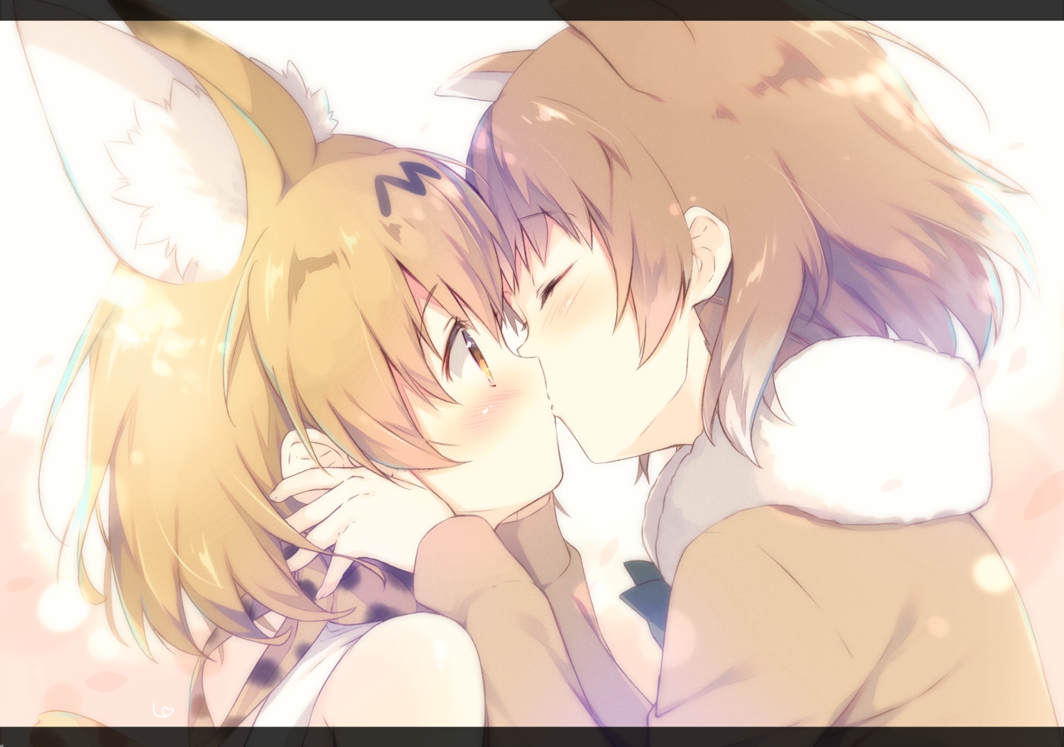 2girls, animal_ears, anthropomorphism, black-tailed_prairie_dog_(kemono_friends), blonde_hair, blush, brown_hair, catgirl