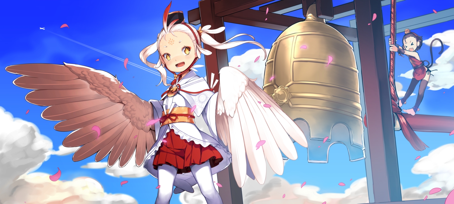 2girls, animal_ears, aoi_tsunami, barefoot, bell, clouds, japanese_clothes, loli
