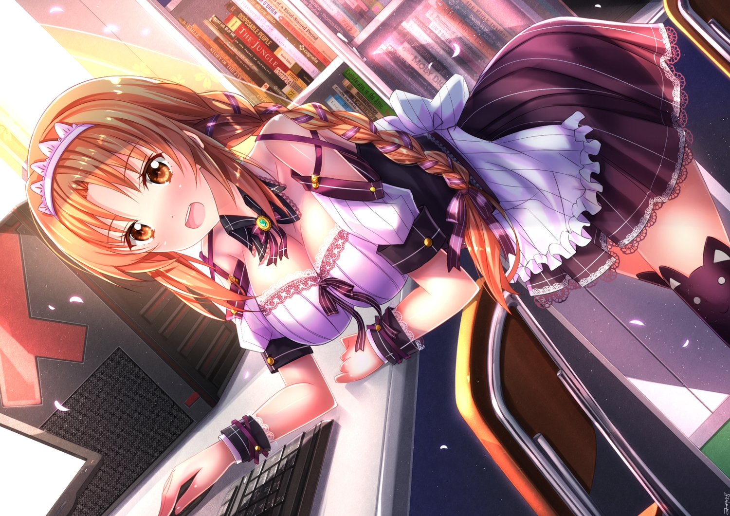 apron, blush, book, bow, braids, breasts, brown_eyes, brown_hair, cleavage, computer, d-fragments, dress, headdress, long_hair, maid, swordsouls, takao_buchou, thighhighs