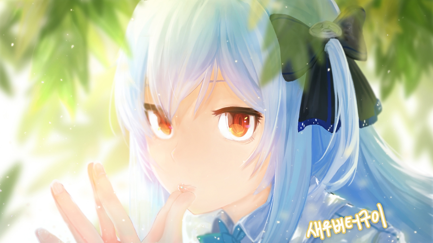 anchovy_(artist), aqua_hair, bow, close, closers, long_hair, orange_eyes, tina_(closers)