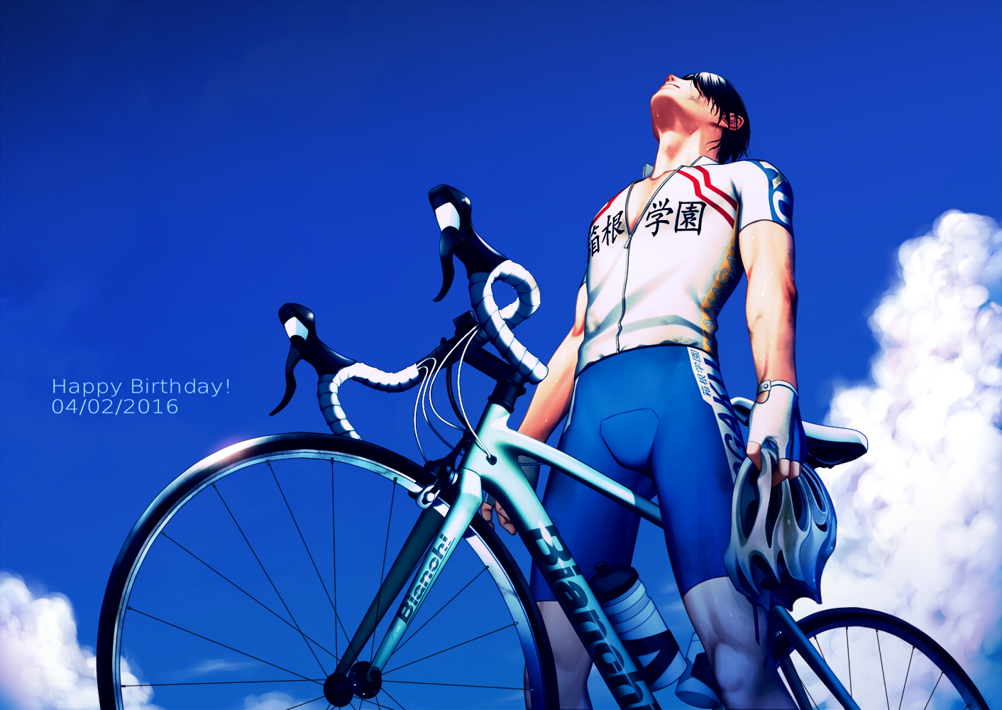 all_male, arakita_yasutomo, arkray, bicycle, bike_shorts, black_hair, clouds, male