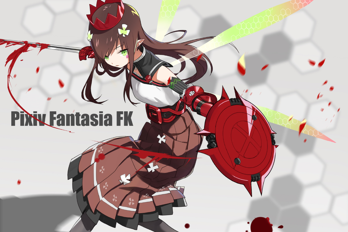 blood, brown_hair, crown, elbow_gloves, gloves, green_eyes, gyaku_tsubasa, long_hair