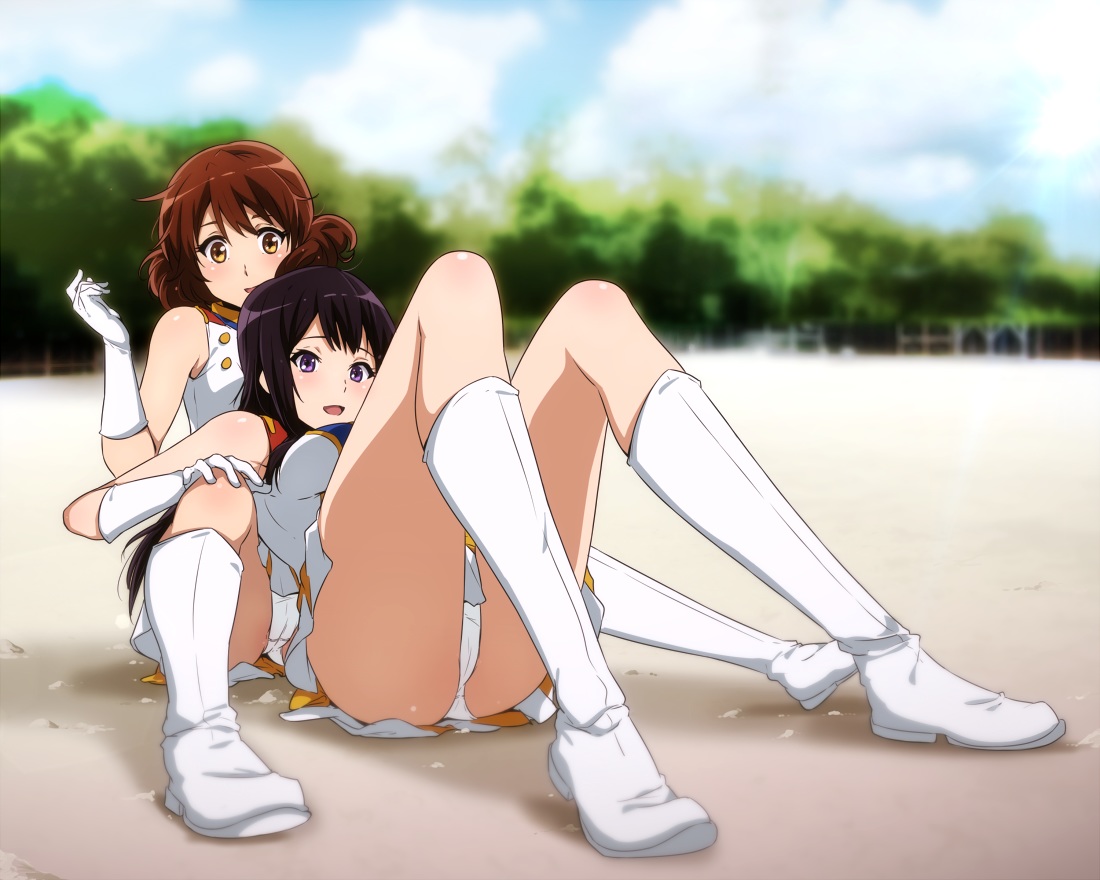 2girls, black_hair, boots, breasts, brown_hair, elbow_gloves, gloves, hibike!_euphonium, kousaka_reina, long_hair, oumae_kumiko, panties, purple_eyes, sbel02, short_hair, skirt, underwear, uniform, upskirt, yellow_eyes