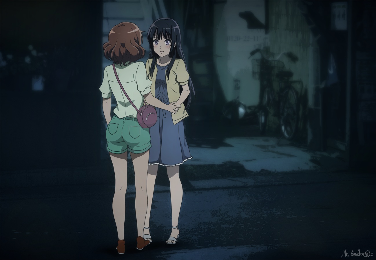 2girls, bicycle, black_hair, brown_hair, dark, dress, hibike!_euphonium, kousaka_reina