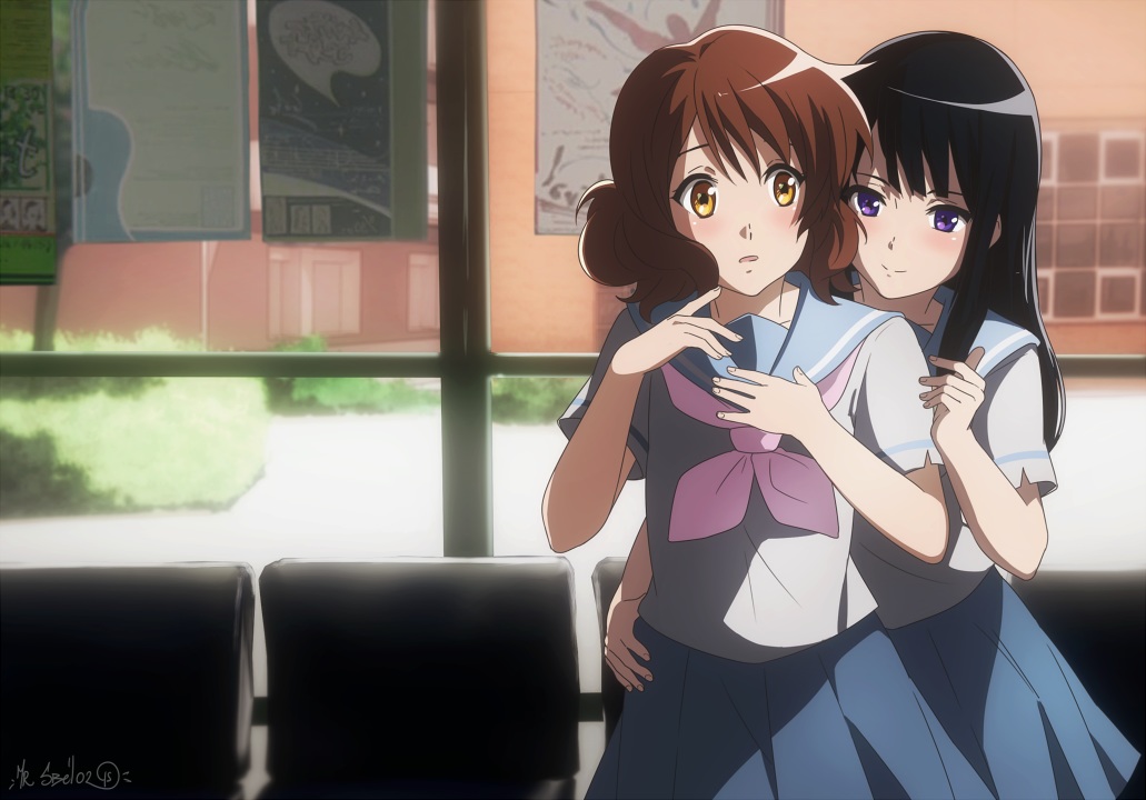 2girls, black_hair, brown_hair, hibike!_euphonium, kousaka_reina, long_hair, oumae_kumiko, purple_eyes
