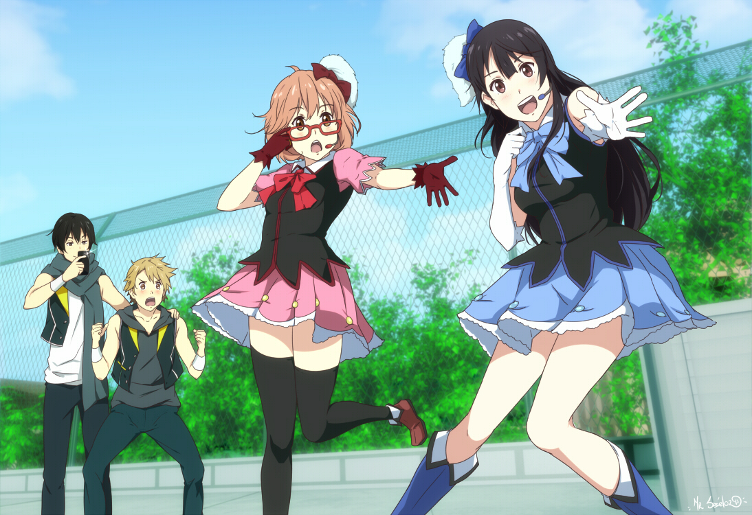 black_eyes, black_hair, blonde_hair, boots, bow, brown_eyes, clouds, glasses