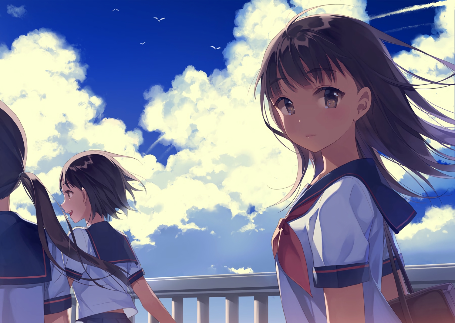 animal, bird, clouds, long_hair, original, salt_(salty), school_uniform, short_hair