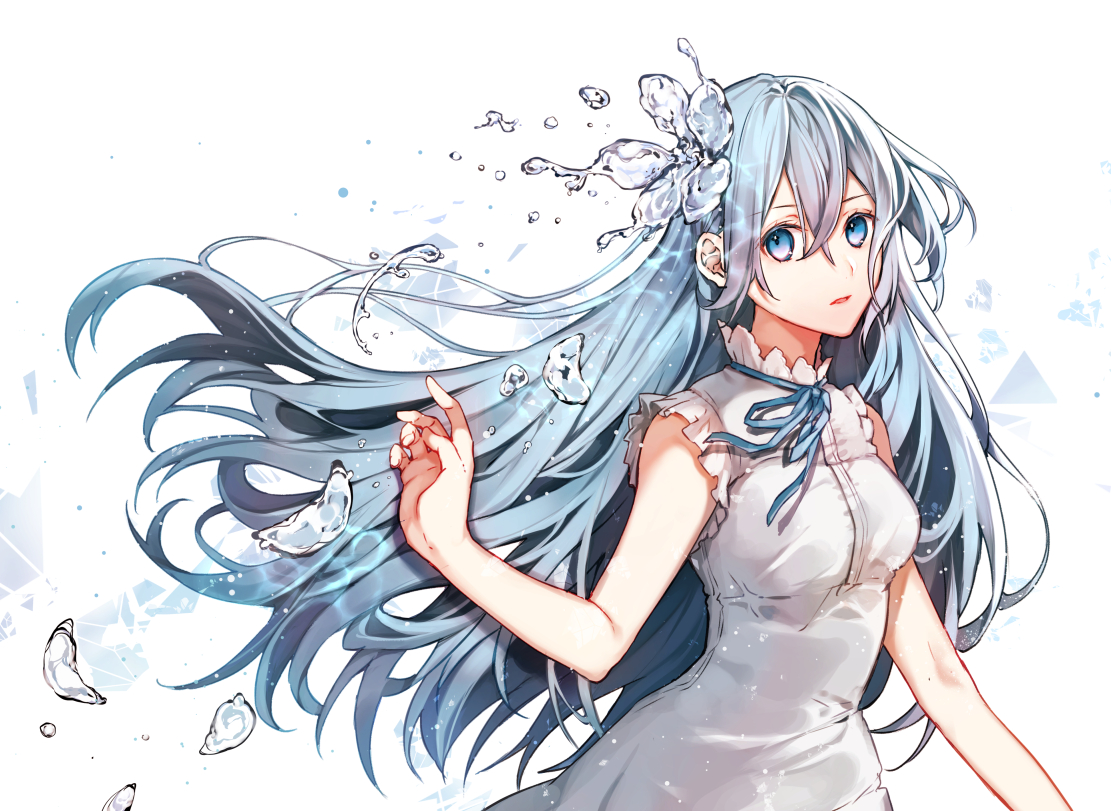 aqua_eyes, aqua_hair, dress, long_hair, original, rakugakiii, ribbons, water