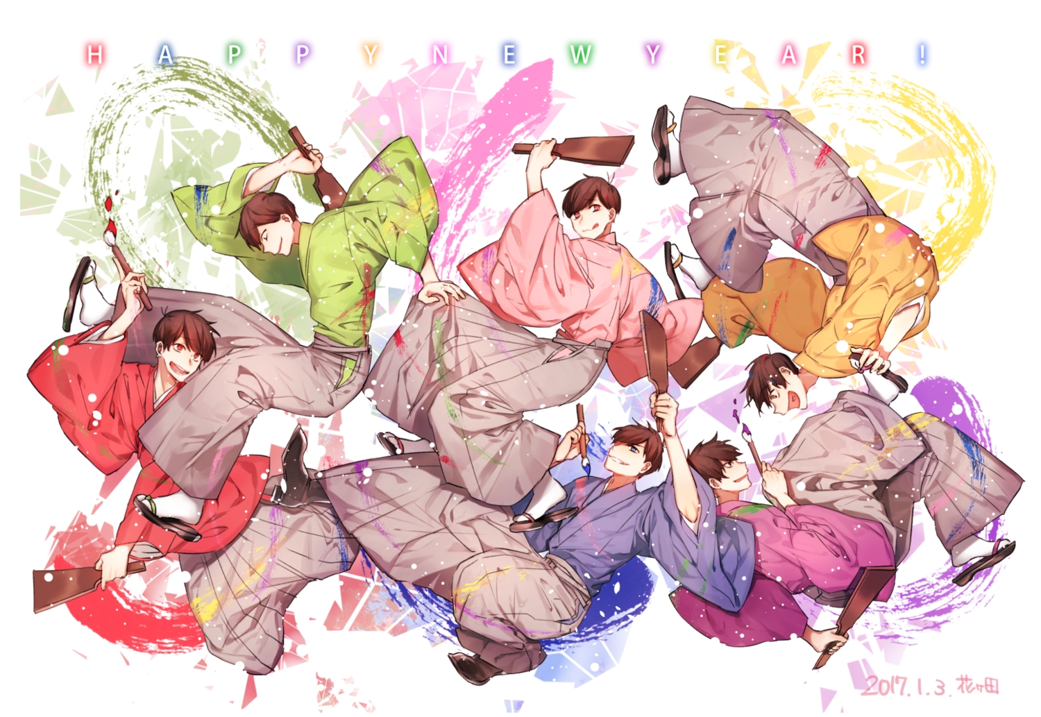 all_male, brown_hair, group, japanese_clothes, male, matsuno_choromatsu, matsuno_ichimatsu, matsuno_juushimatsu