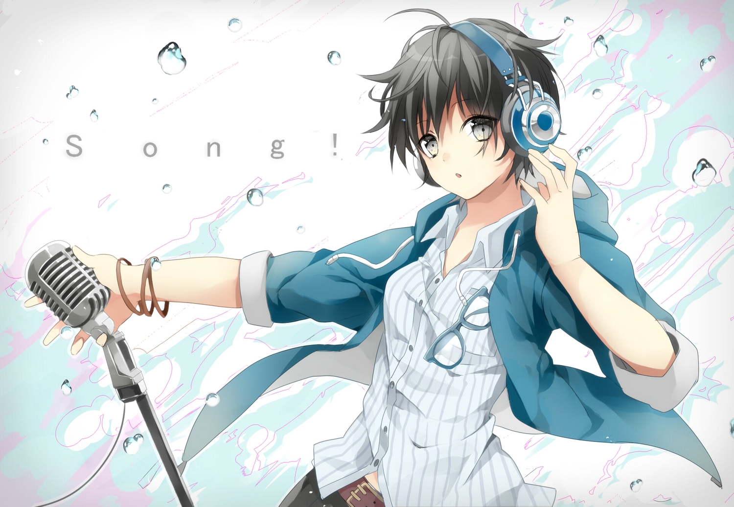 black_hair, bubbles, gray_eyes, headphones, microphone, original, rakugakiii, short_hair