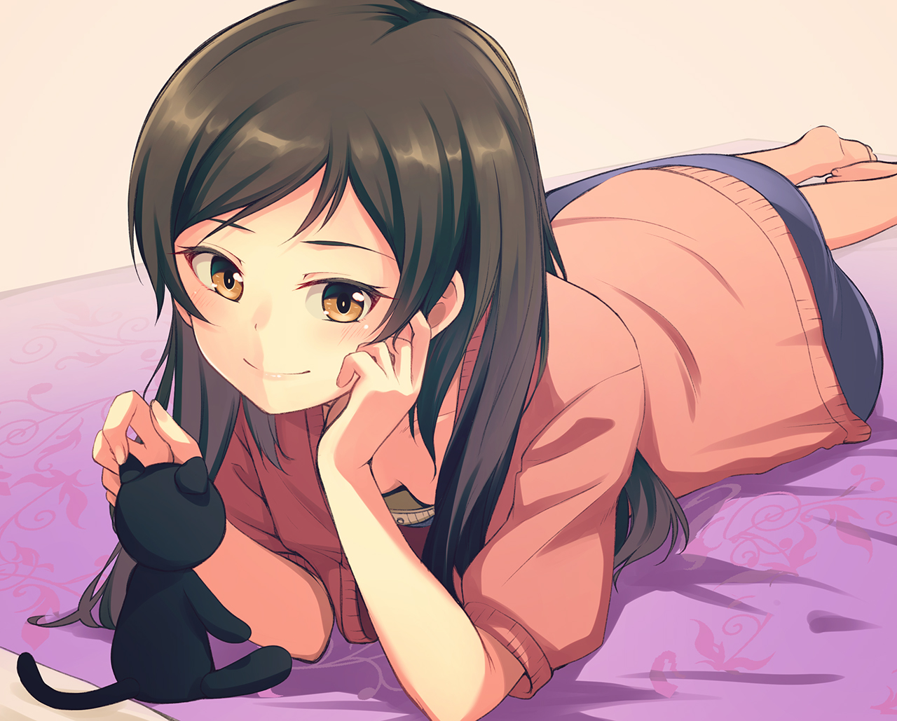 animal, barefoot, black_hair, blush, breasts, brown_eyes, cat, idolmaster