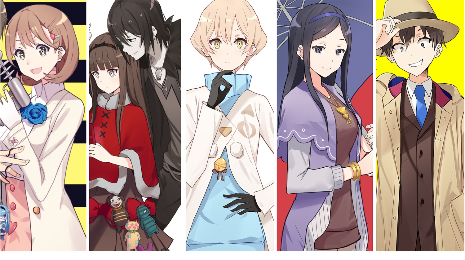 black_hair, blonde_hair, brown_hair, gloves, group, hat, headband, kenkaizar, kisaki_asuna, kurenaino_aria, kusakabe_kiryuu, long_hair, male, moritsuka_shun, narusawa_ryouka, necklace, nishizono_ririka, occultic;nine, short_hair, yellow_eyes