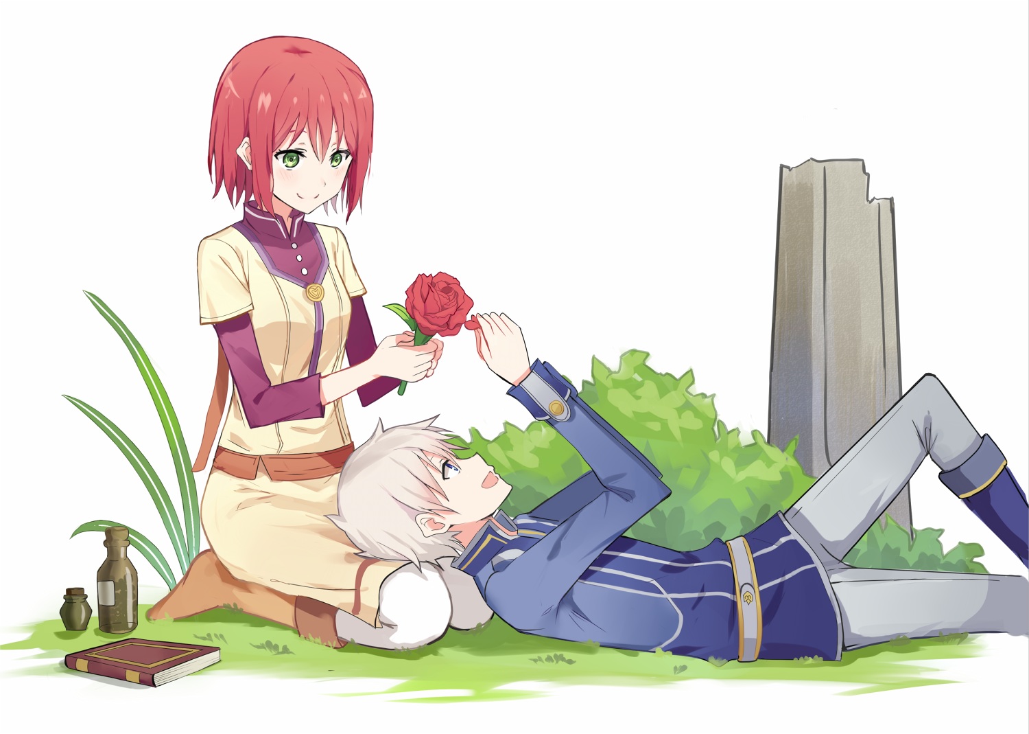 akagami_no_shirayukihime, blue_eyes, blush, book, boots, flowers, green_eyes, kenkaizar