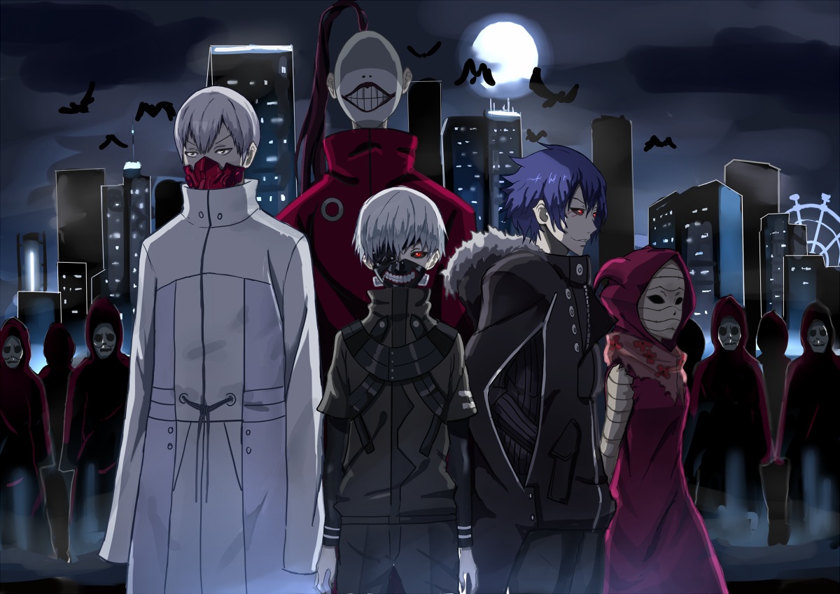 animal, bandage, bird, blue_hair, building, city, group, kaneki_ken
