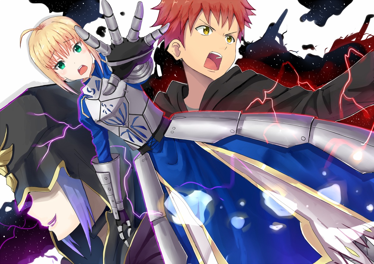 armor, artoria_pendragon_(all), blonde_hair, dress, elbow_gloves, emiya_shirou, fate_(series), fate/stay_night