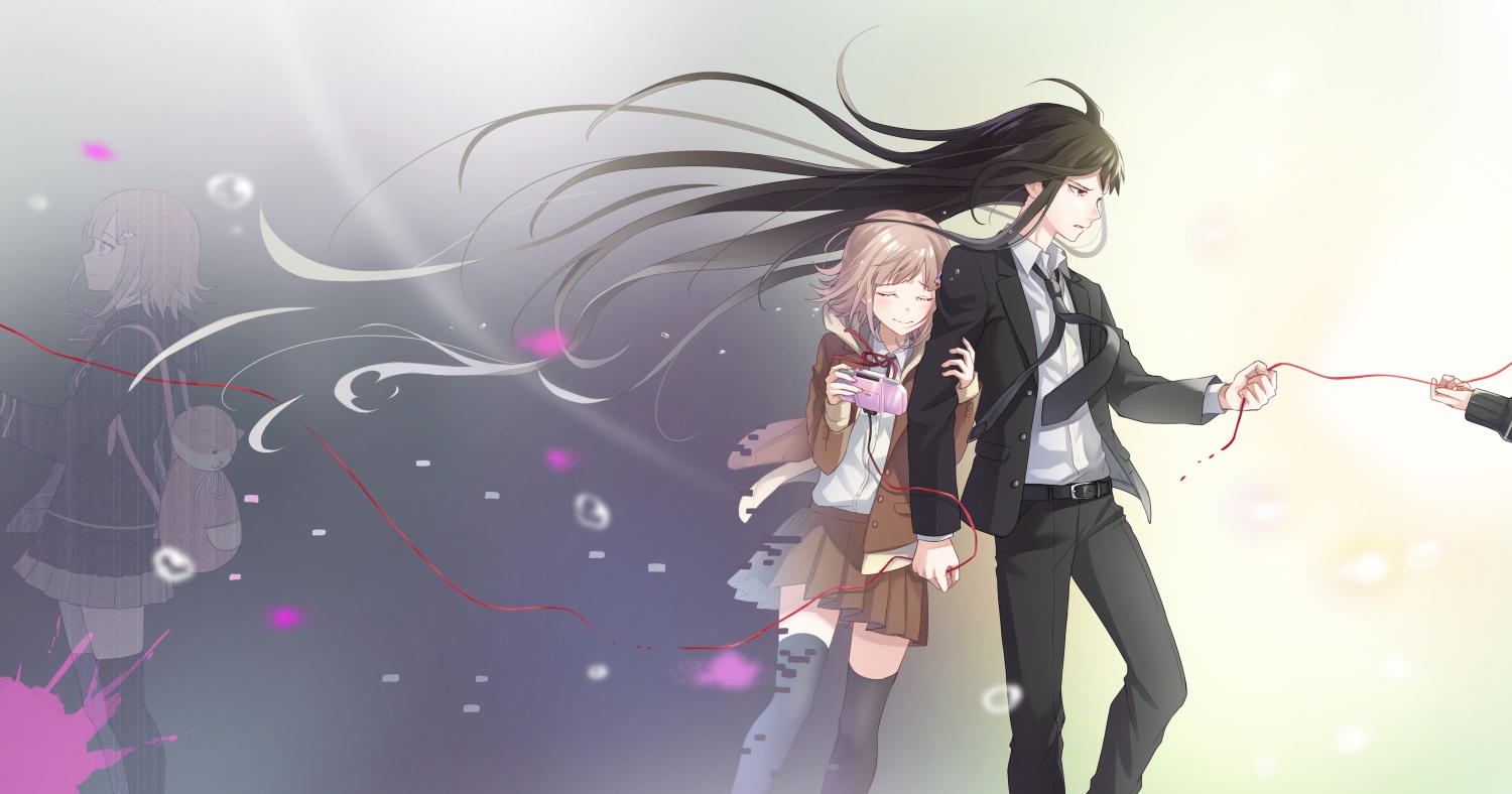 bekkourico, black_hair, blush, brown_hair, dangan-ronpa, dangan-ronpa_3, game_console, kamukura_izuru, kneehighs, long_hair, male, nanami_chiaki, red_eyes, ribbons, school_uniform, short_hair, skirt, tears, tie