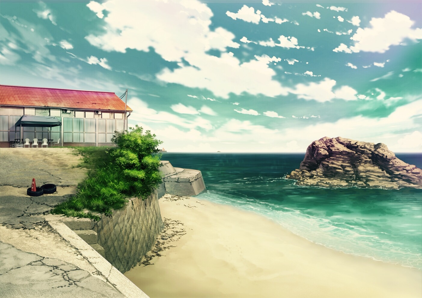 beach, building, clouds, mitsu_ura, no_humans, original, scenic, sky
