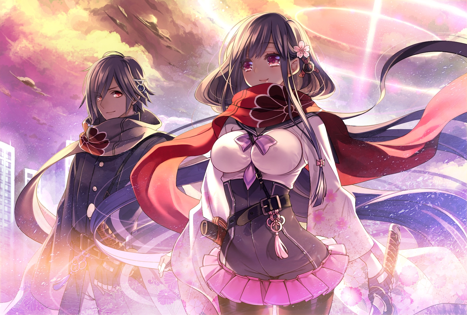 bow, breasts, building, city, clouds, gloves, long_hair, male
