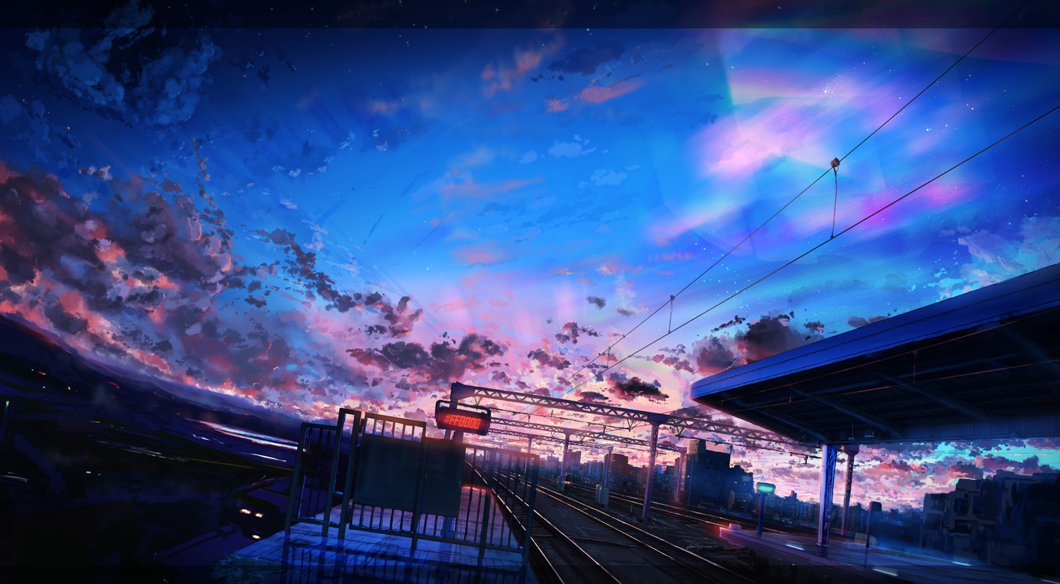 building, city, clouds, dark, knyt, no_humans, original, scenic, sky, train
