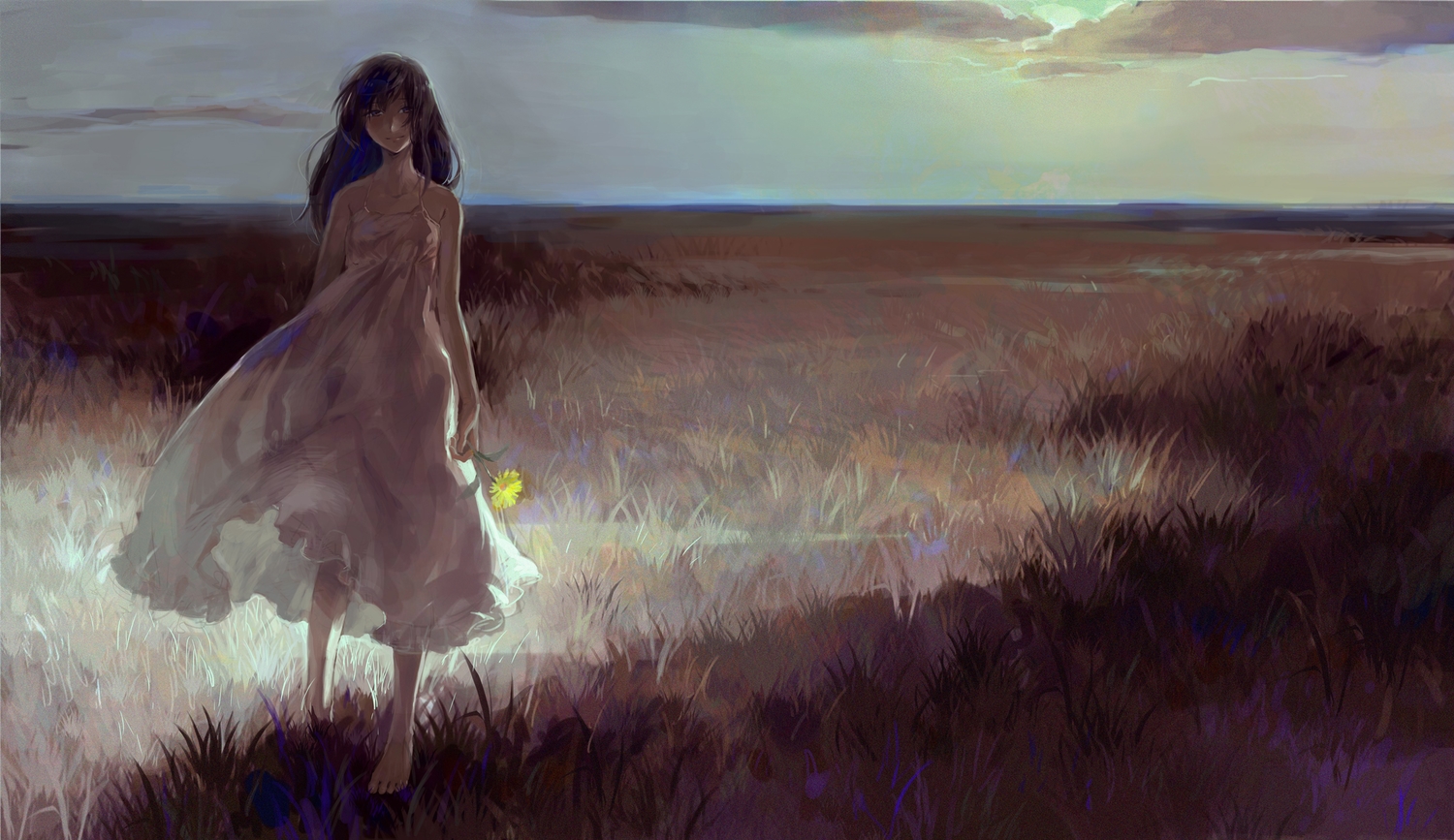 barefoot, dark, dress, flowers, grass, original, tentsuu_(tentwo)