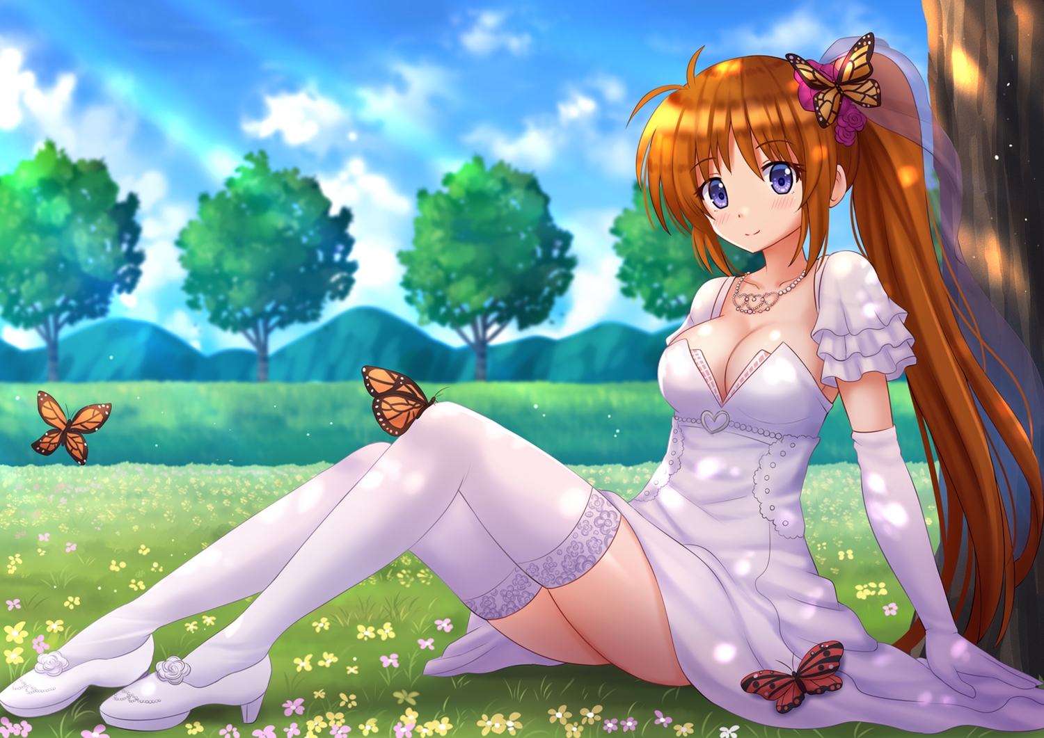 blue_eyes, breasts, butterfly, cleavage, clouds, dress, elbow_gloves, flowers