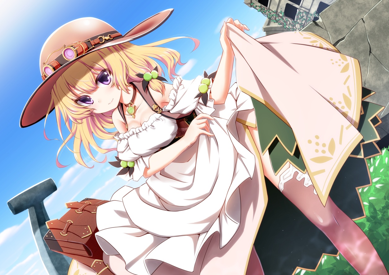 anthropomorphism, blonde_hair, breasts, clouds, dress, flower_knight_girl, hat, maronie_(flower_knight_girl), mizunashi_(second_run), purple_eyes, short_hair, sky
