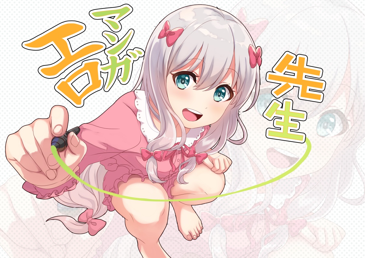 aqua_eyes, barefoot, bow, eromanga-sensei, gray_hair, izumi_sagiri, kurono_kito, loli