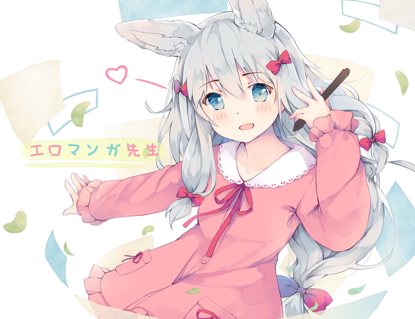 animal_ears, aqua_eyes, blush, bow, eromanga-sensei, gray_hair, ivy1993, izumi_sagiri, loli, long_hair, petals, ribbons