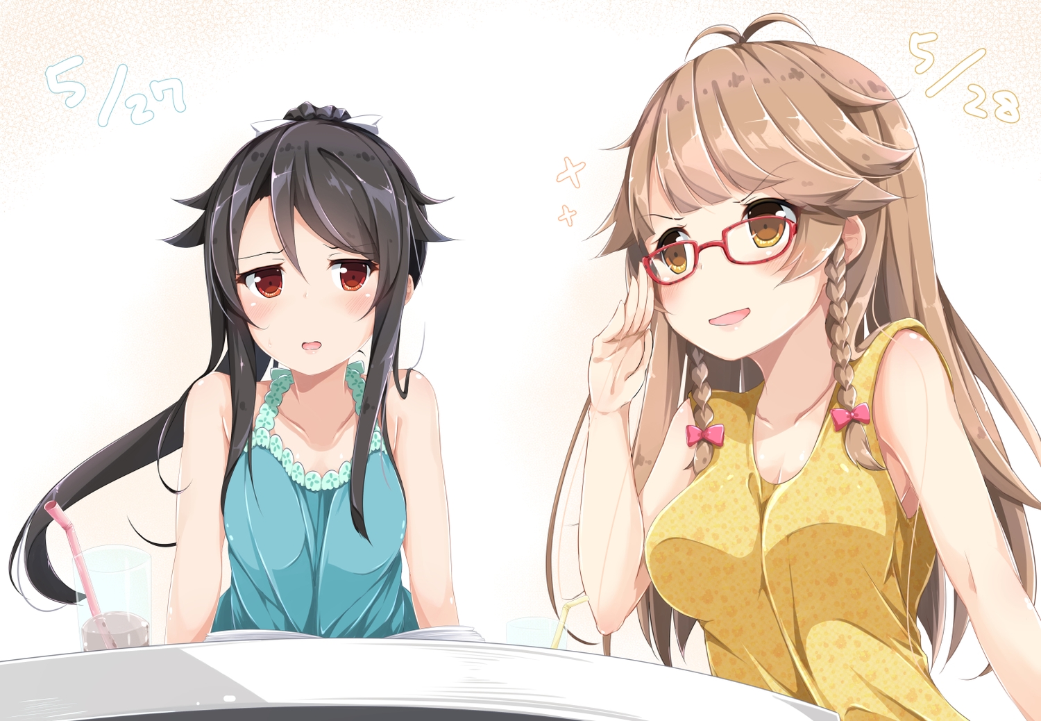 black_hair, blush, braids, breasts, brown_hair, drink, glasses, high_school_fleet