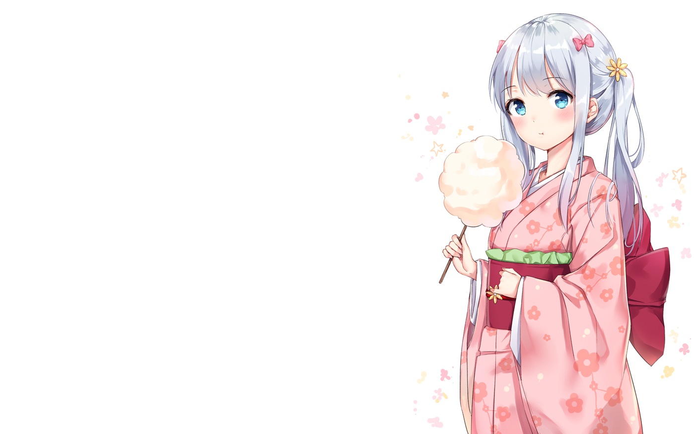 aqua_eyes, blush, bow, eromanga-sensei, food, gray_hair, izumi_sagiri, japanese_clothes