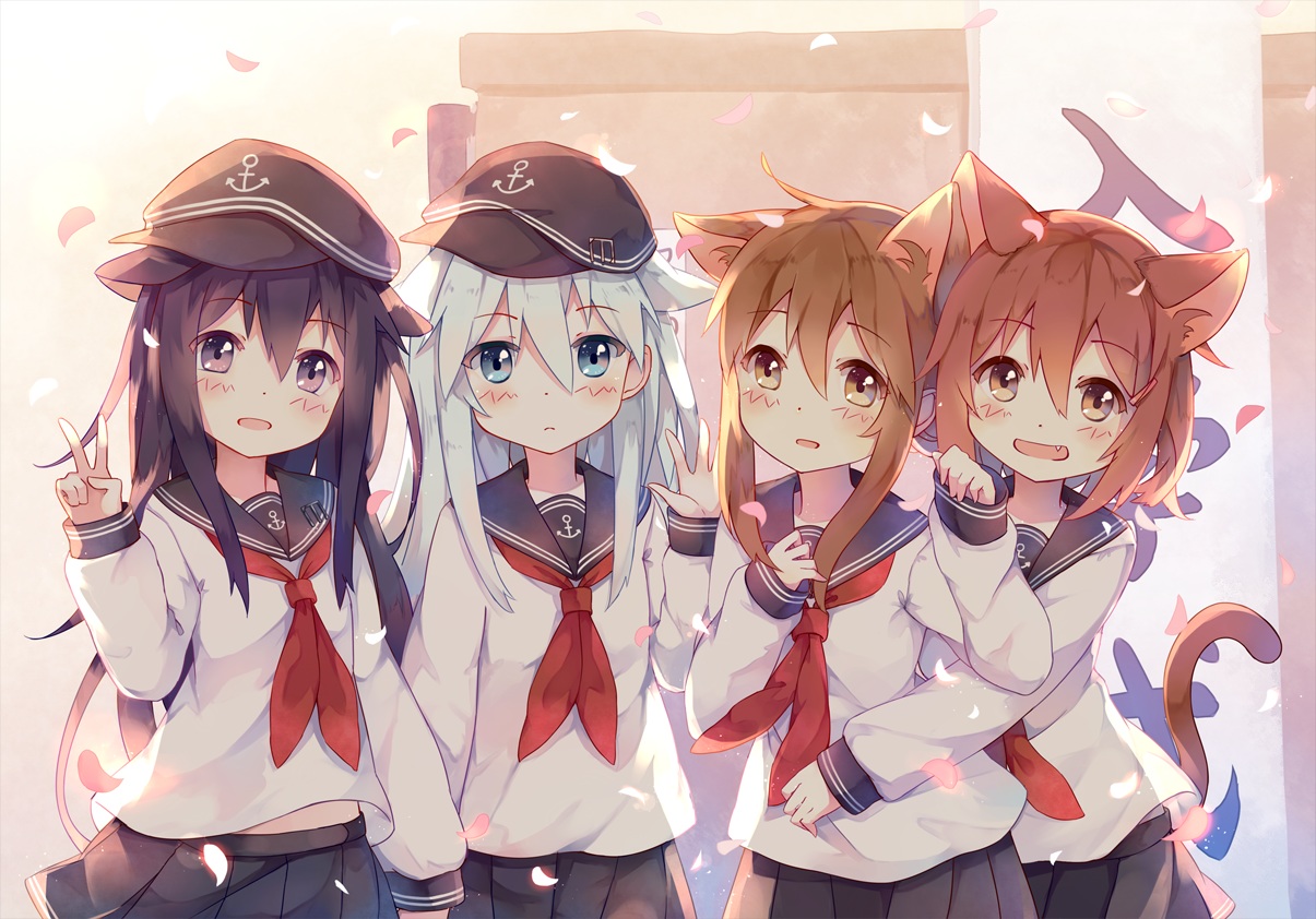 akatsuki_(kancolle), animal_ears, anthropomorphism, aqua_eyes, black_hair, blush, brown_eyes, brown_hair, catgirl, fang, group, hat, hibiki_(kancolle), ikazuchi_(kancolle), inazuma_(kancolle), ivy1993, kantai_collection, loli, long_hair, petals, school_uniform, short_hair, skirt, tail, white_hair