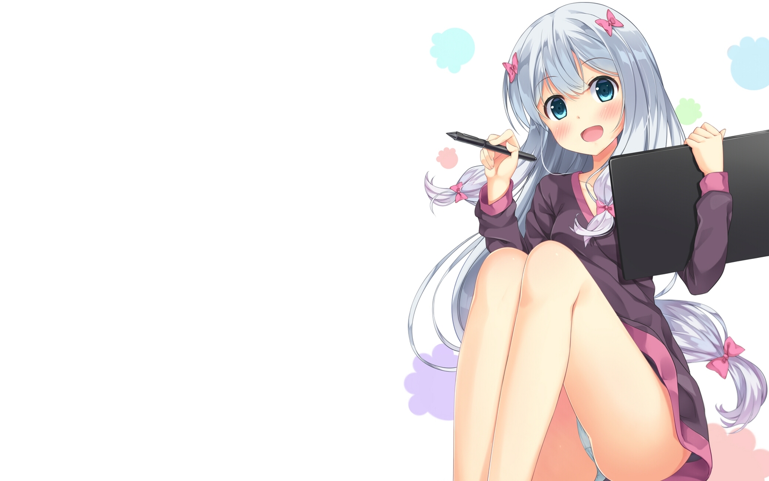 aqua_eyes, ass, blush, bow, cropped, eromanga-sensei, fujieda_uzuki, gray_hair