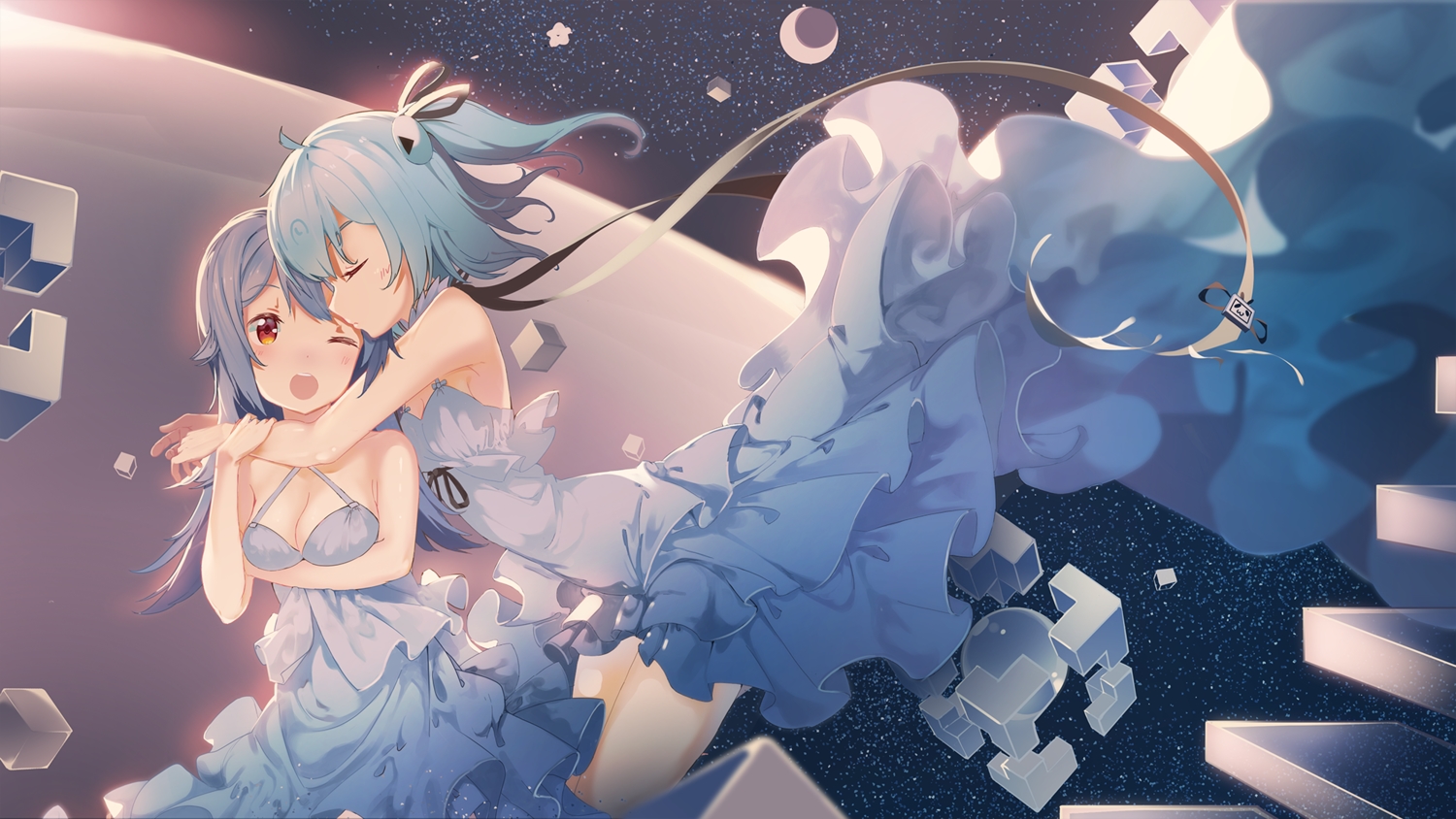2girls, bbsucg, bili_bili_douga, bili_girl_22, bili_girl_33, blue_hair, breast_hold, breasts, cleavage, dress, hug, long_hair, orange_eyes, ponytail, ribbons, short_hair, wink