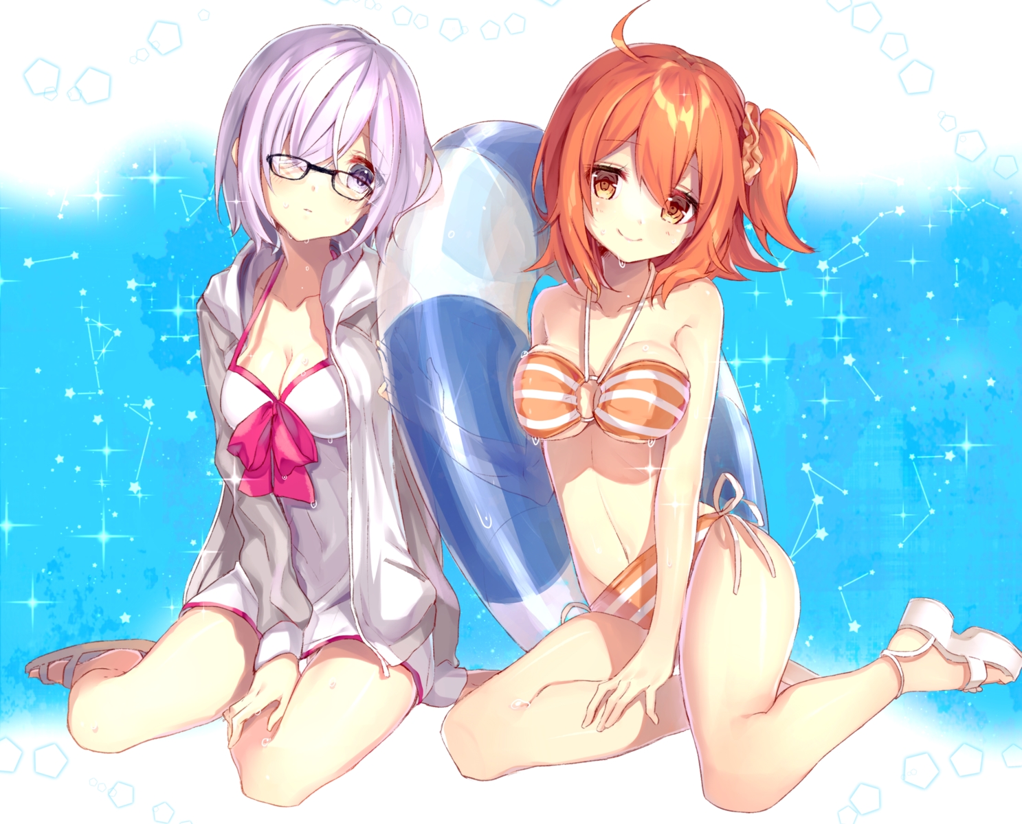 2girls, bikini, blush, breasts, cleavage, dress, fate/grand_order, fate_(series), fujimaru_ritsuka_(female), mash_kyrielight, navel, orange_eyes, orange_hair, pink_eyes, pink_hair, short_hair, swim_ring, swimsuit, tyanotya, wet