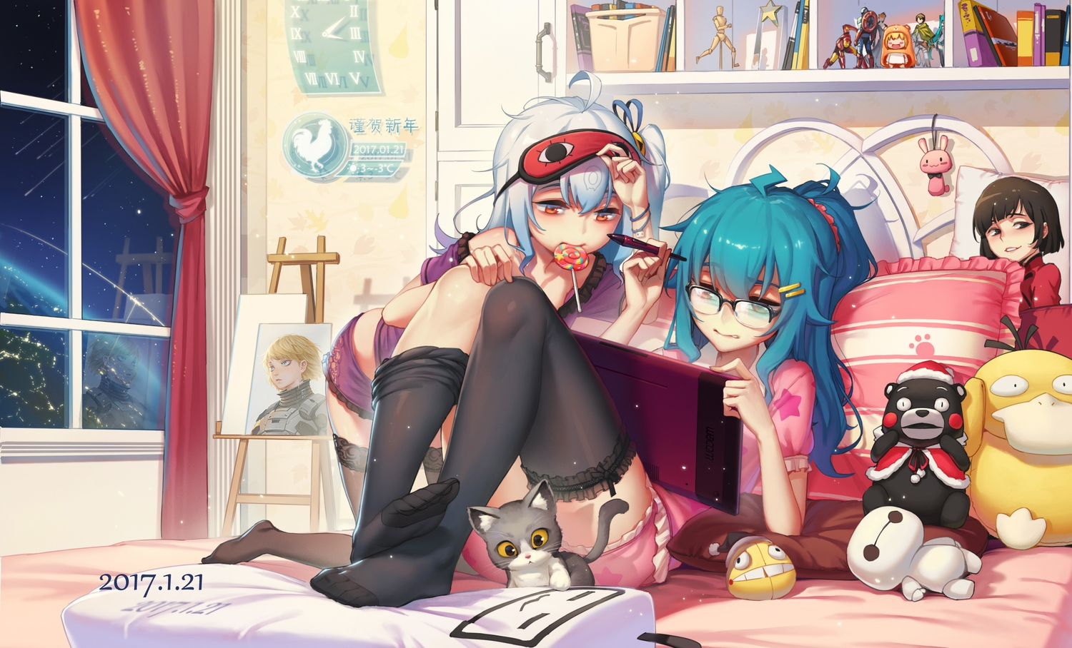 2girls, animal, baymax, bed, big_hero_6, bili_bili_douga, bili_girl_22, bili_girl_33