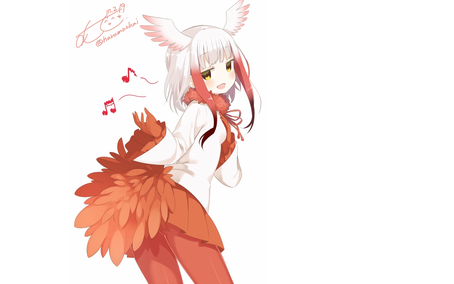 anthropomorphism, blush, crested_ibis_(kemono_friends), gloves, kemono_friends, muku-coffee, pantyhose, signed