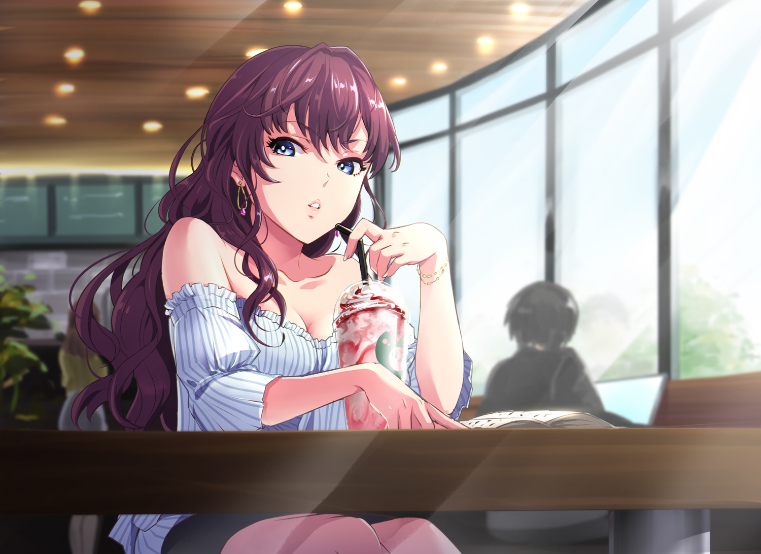 blue_eyes, book, breasts, cleavage, food, ice_cream, ichinose_shiki, idolmaster