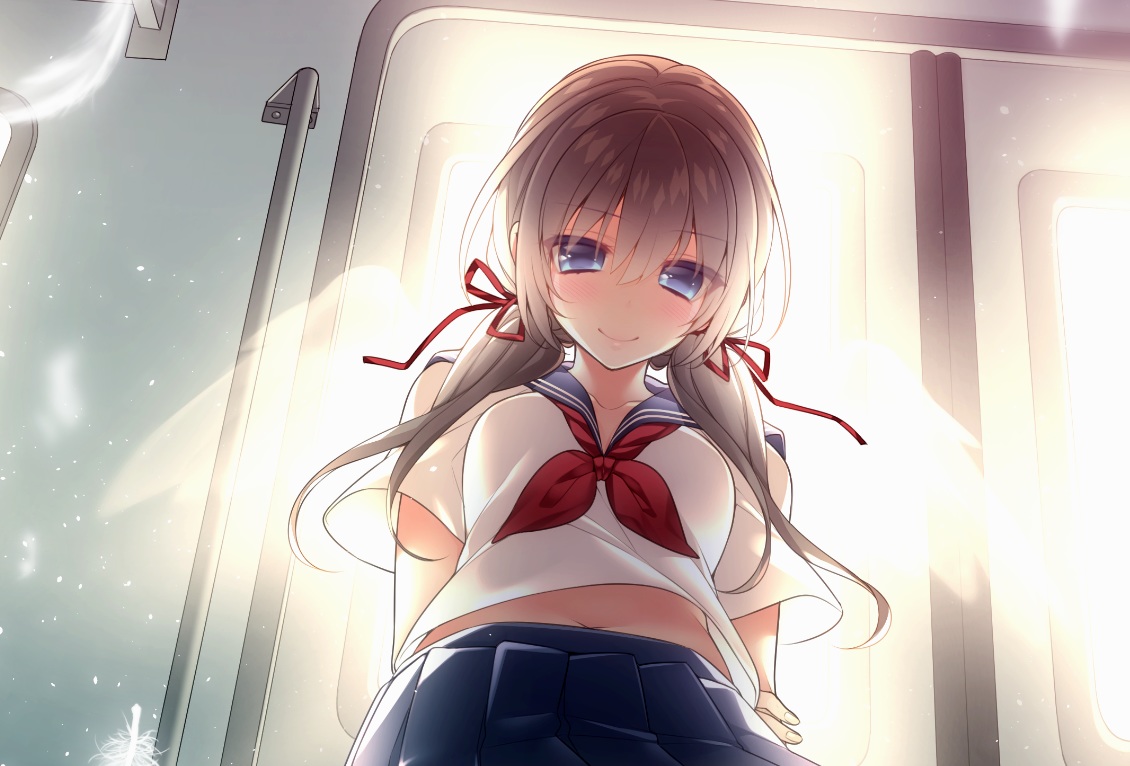 aqua_eyes, blush, brown_hair, giuniu, long_hair, navel, original, ribbons