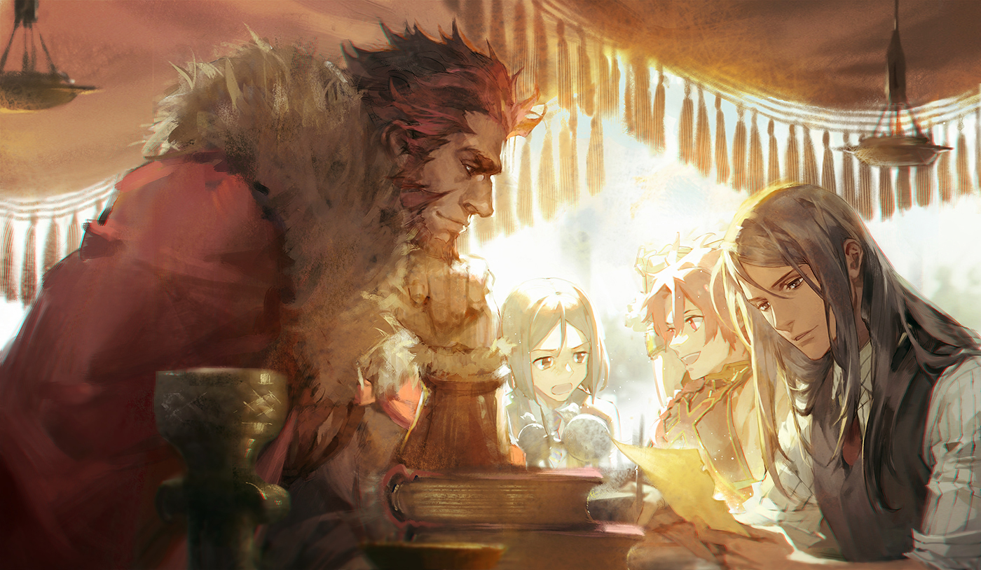 alexander_(fate), book, fate/grand_order, fate_(series), fate/stay_night, fate/zero, gray_eyes, gray_hair, group, long_hair, male, paper, pink_eyes, red_hair, short_hair, waver_velvet, xiling